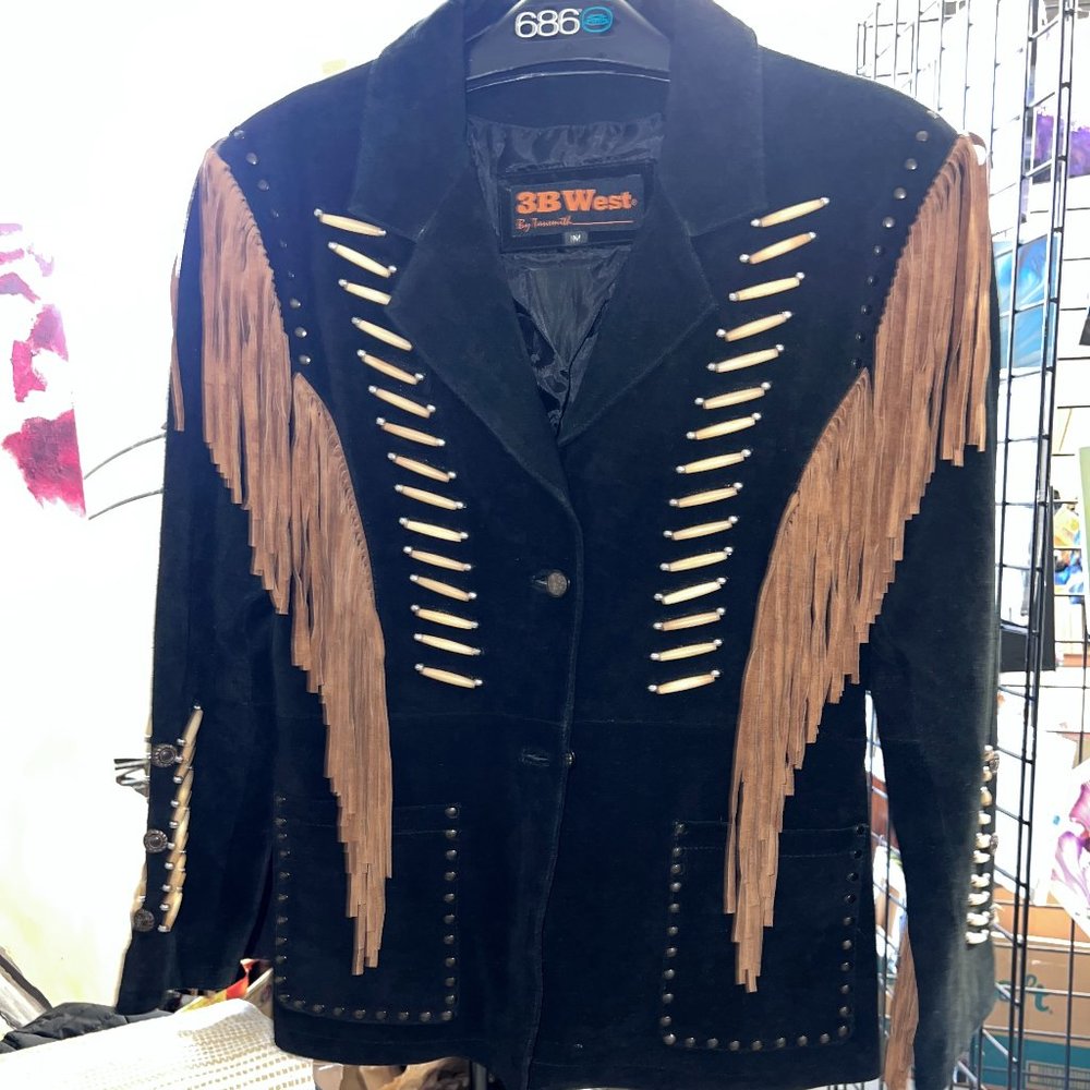 Gorgeous black suede fringed coat. Western, 3B West. Medium. Native American